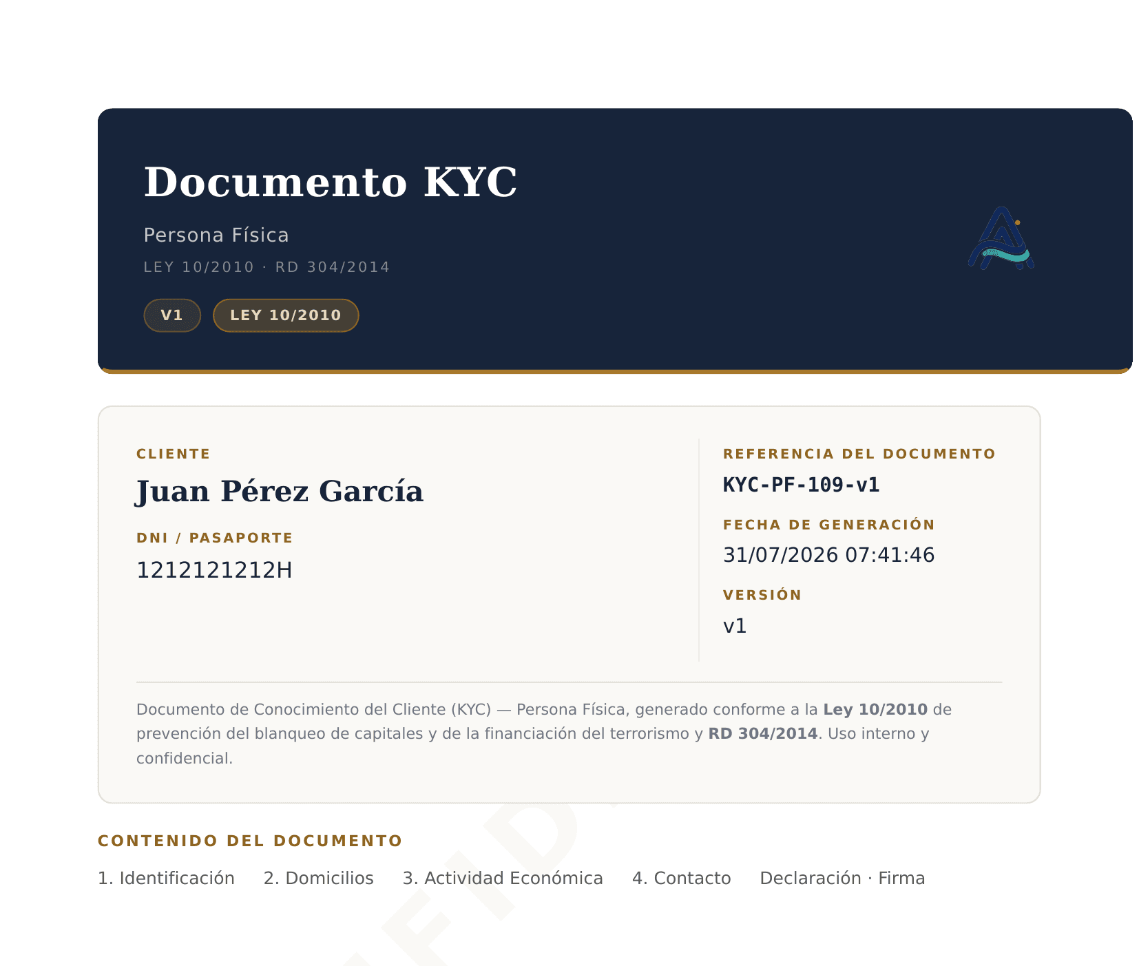 Documento KYC generado por SimplifiAML conforme a la Ley 10/2010 y el RD 304/2014, con referencia, versión y fecha de generación
