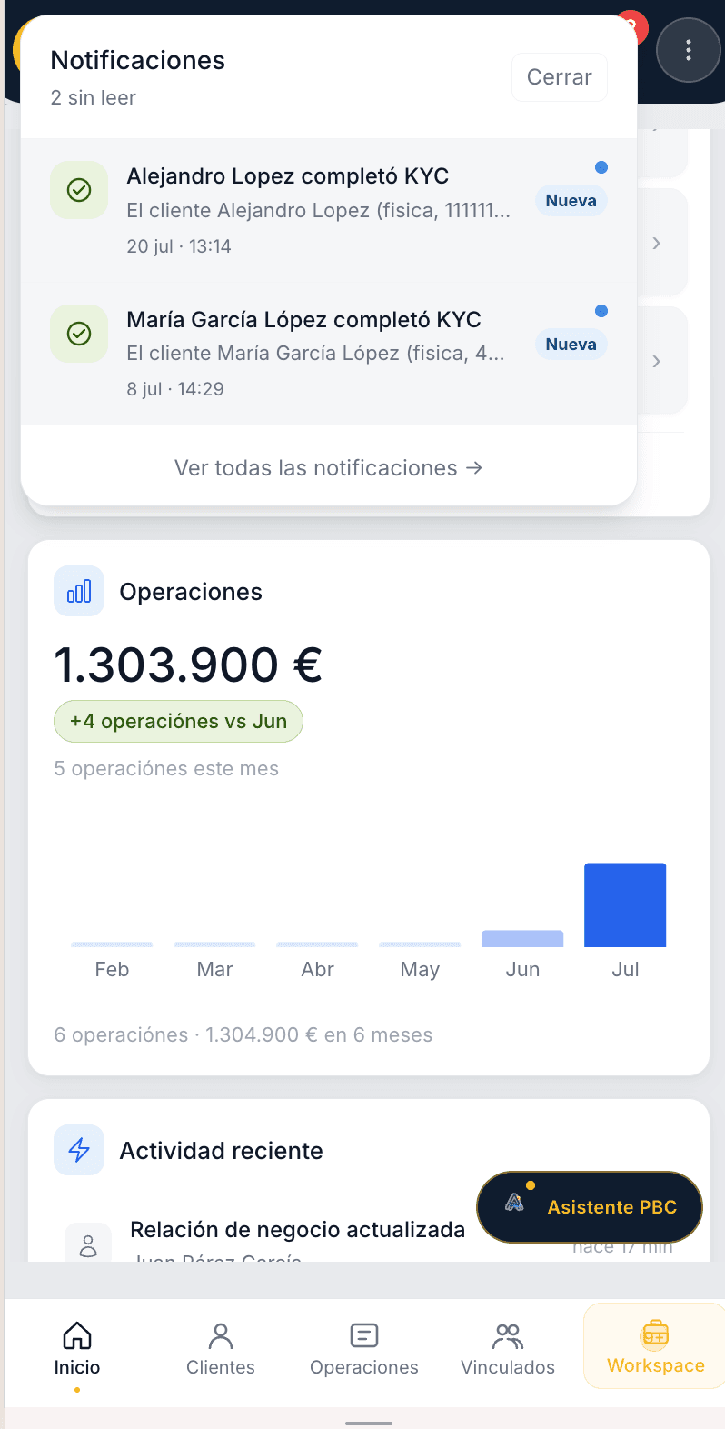 Avisos en la app de SimplifiAML informando de los KYC completados y de la actividad reciente de la cartera