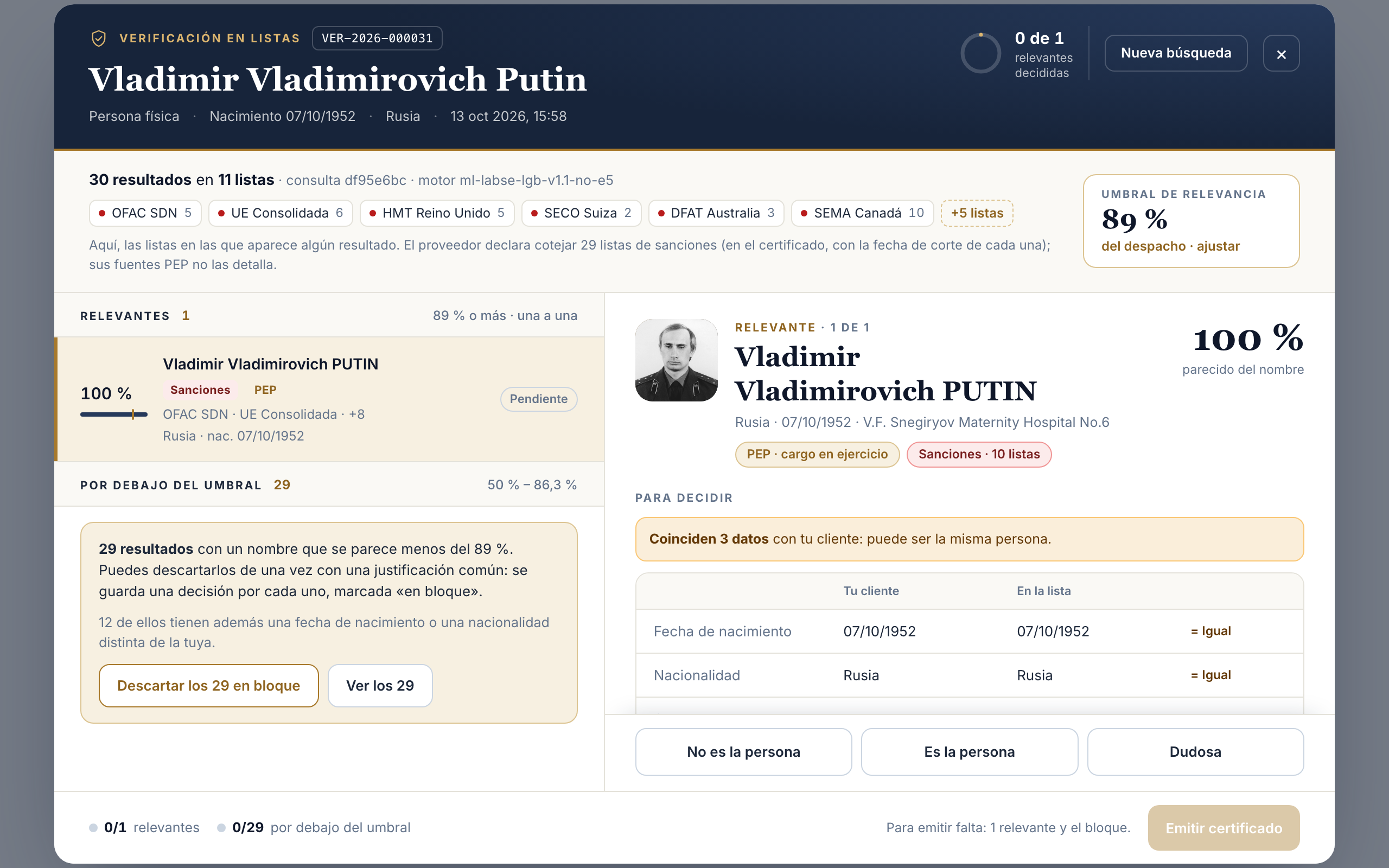 Verificación en listas de SimplifiAML: coincidencia del 100 % con Vladimir Putin, en sanciones de OFAC, UE, Reino Unido y otras listas, con fecha de nacimiento y nacionalidad coincidentes