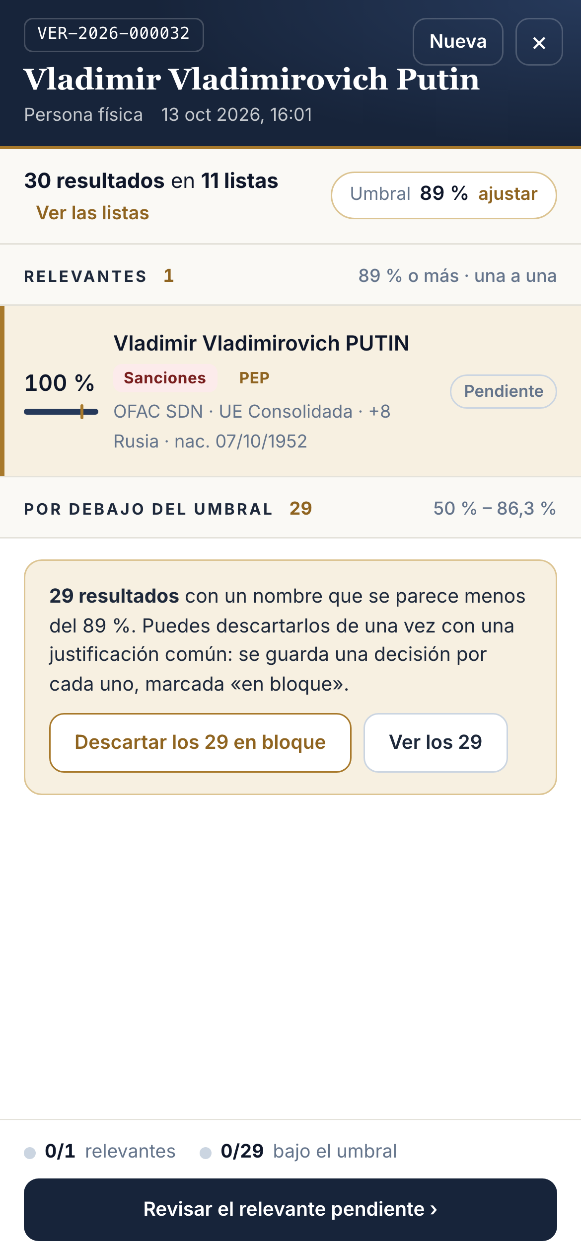 Verificación en listas desde el móvil: coincidencia del 100 % en sanciones y PEP